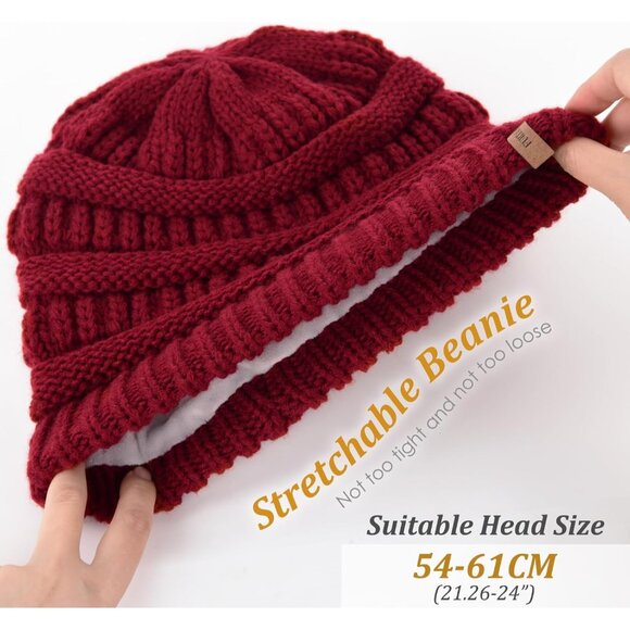 Women's Fleece Lined Knit Beanie Hat Slouchy Warm Winter Skull Cap - Picture 2 of 7